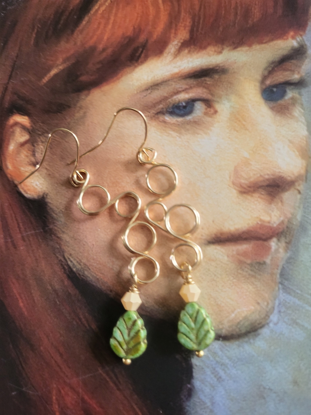 Handmade Gold Swirl/Bubble Earrings with Green Leaf Dangles - Women Jewelry